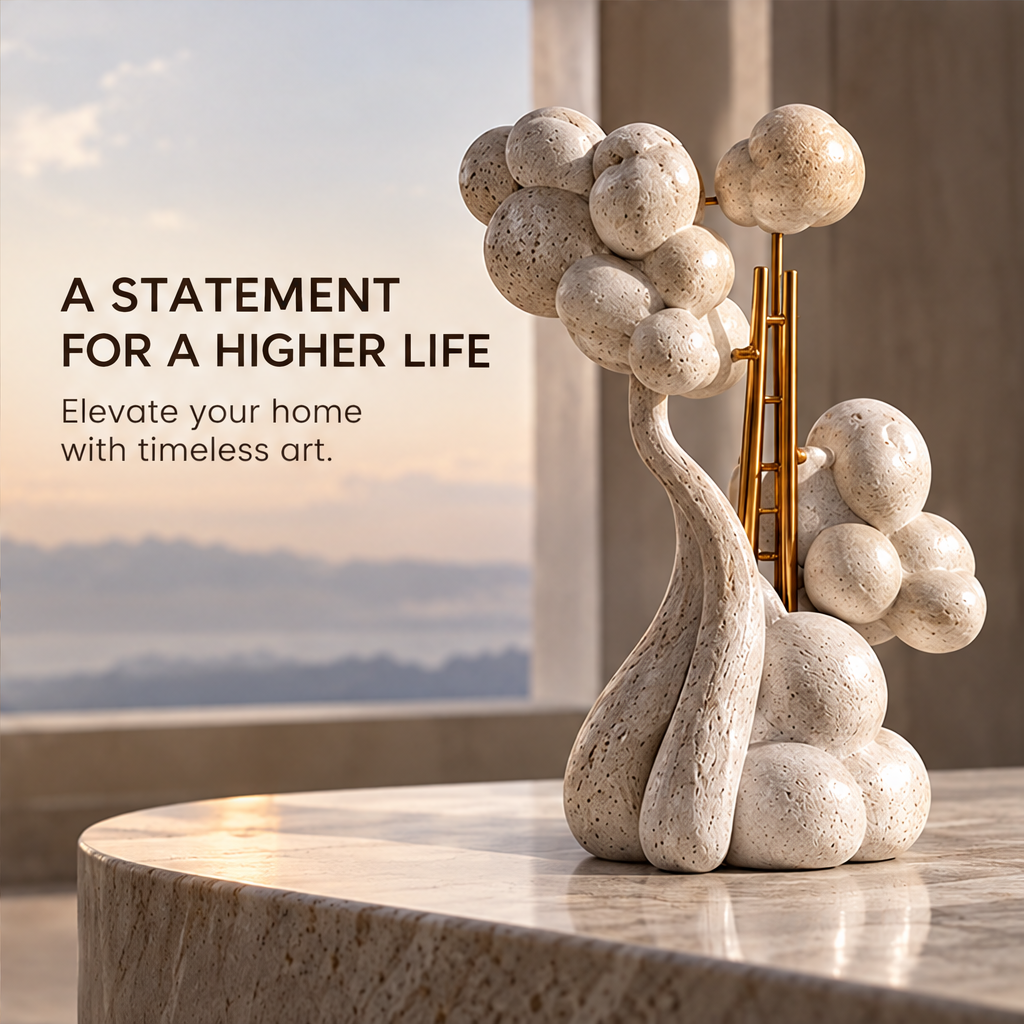 Cream and gold-tone abstract tree sculpture styled on a tabletop
