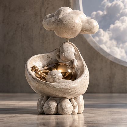 Cream cloud sculpture with a resting figure and reflective gold-tone accents, front view