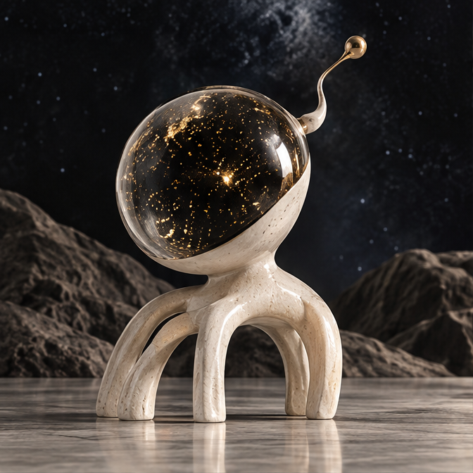 Cosmic sculpture with a star-speckled orb, cream arch-like legs, and gold-tone antenna tip, without text