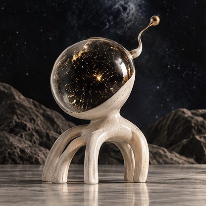 Cosmic sculpture with a star-speckled orb, cream arch-like legs, and gold-tone antenna tip, without text