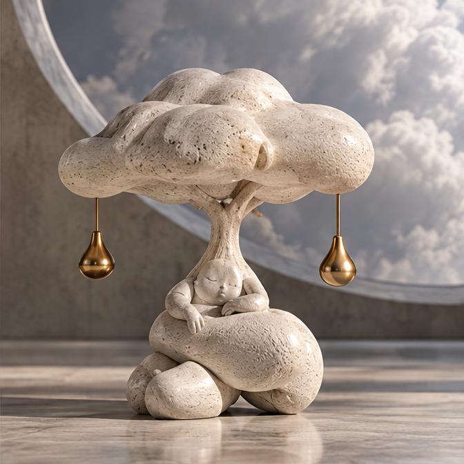 Front view of a textured cream tree sculpture with a resting figure and two gold-tone teardrops