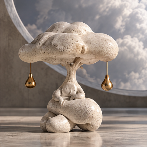 Front view of a textured cream tree sculpture with a resting figure and two gold-tone teardrops