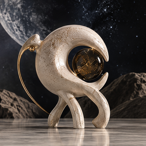 Full view of a cream crescent bird sculpture with a starry orb and long gold-tone beak, without text