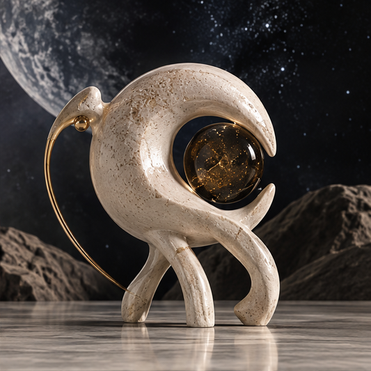 Full view of a cream crescent bird sculpture with a starry orb and long gold-tone beak, without text