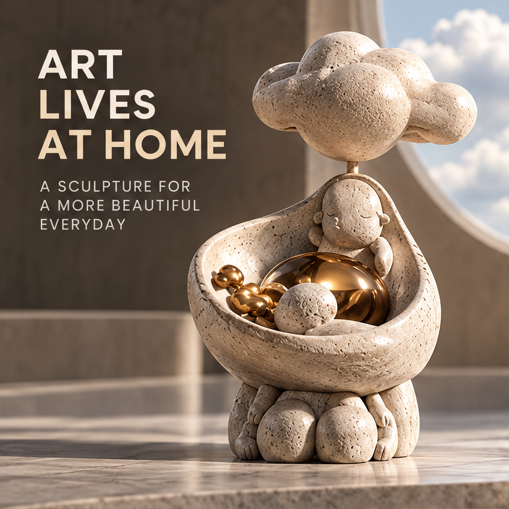 Cloud and resting figure sculpture with cream texture and gold-tone details