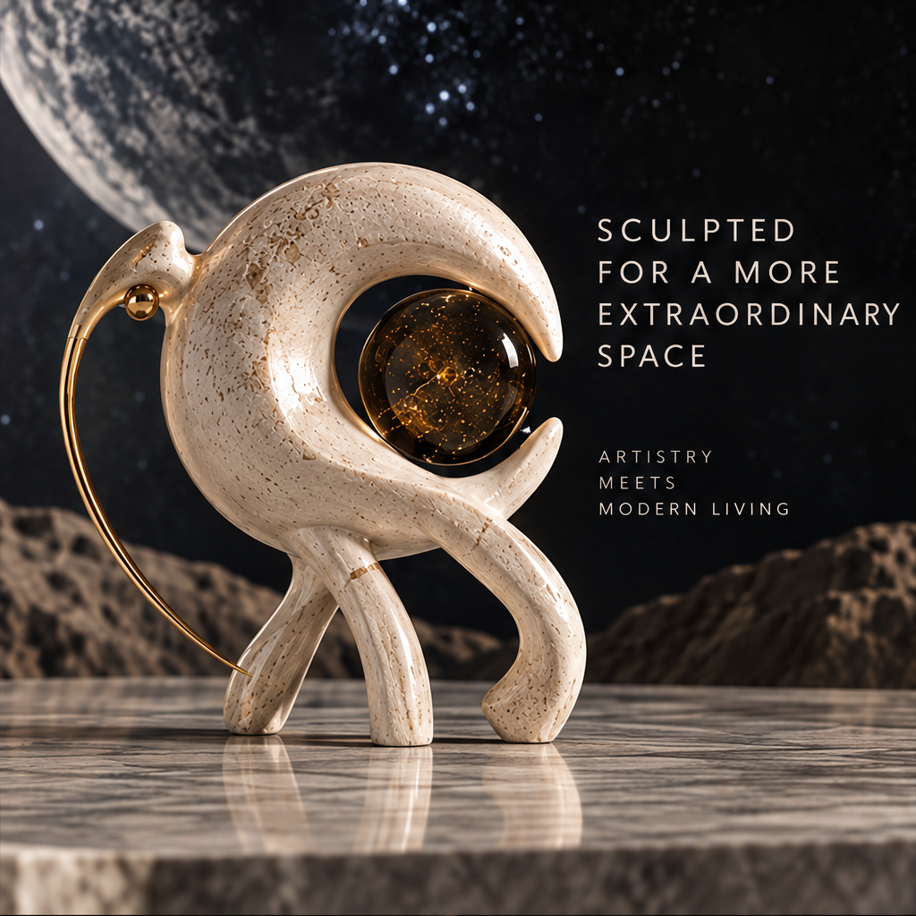 Crescent-shaped bird sculpture framing a dark gold-speckled sphere