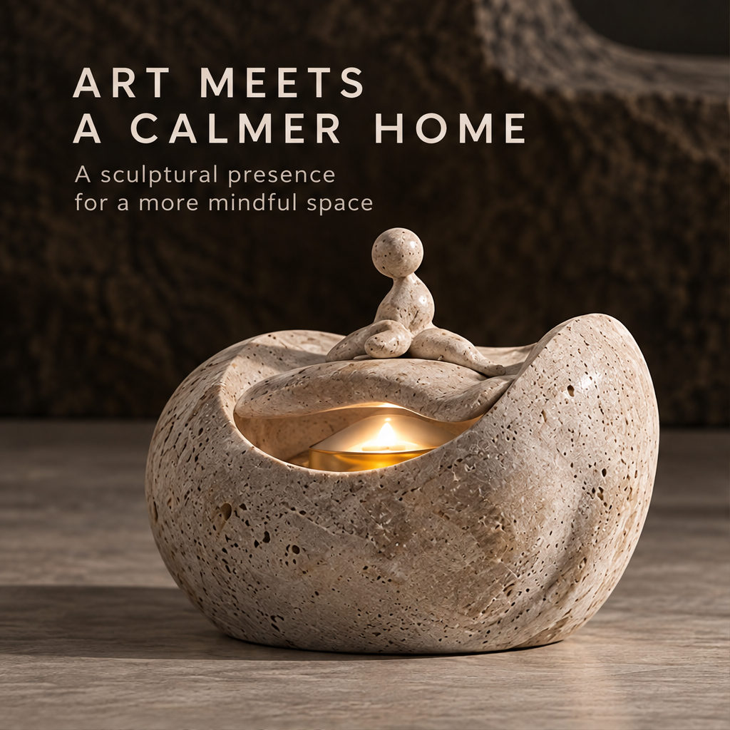 Seated figure above the curved opening of a textured cream tealight holder