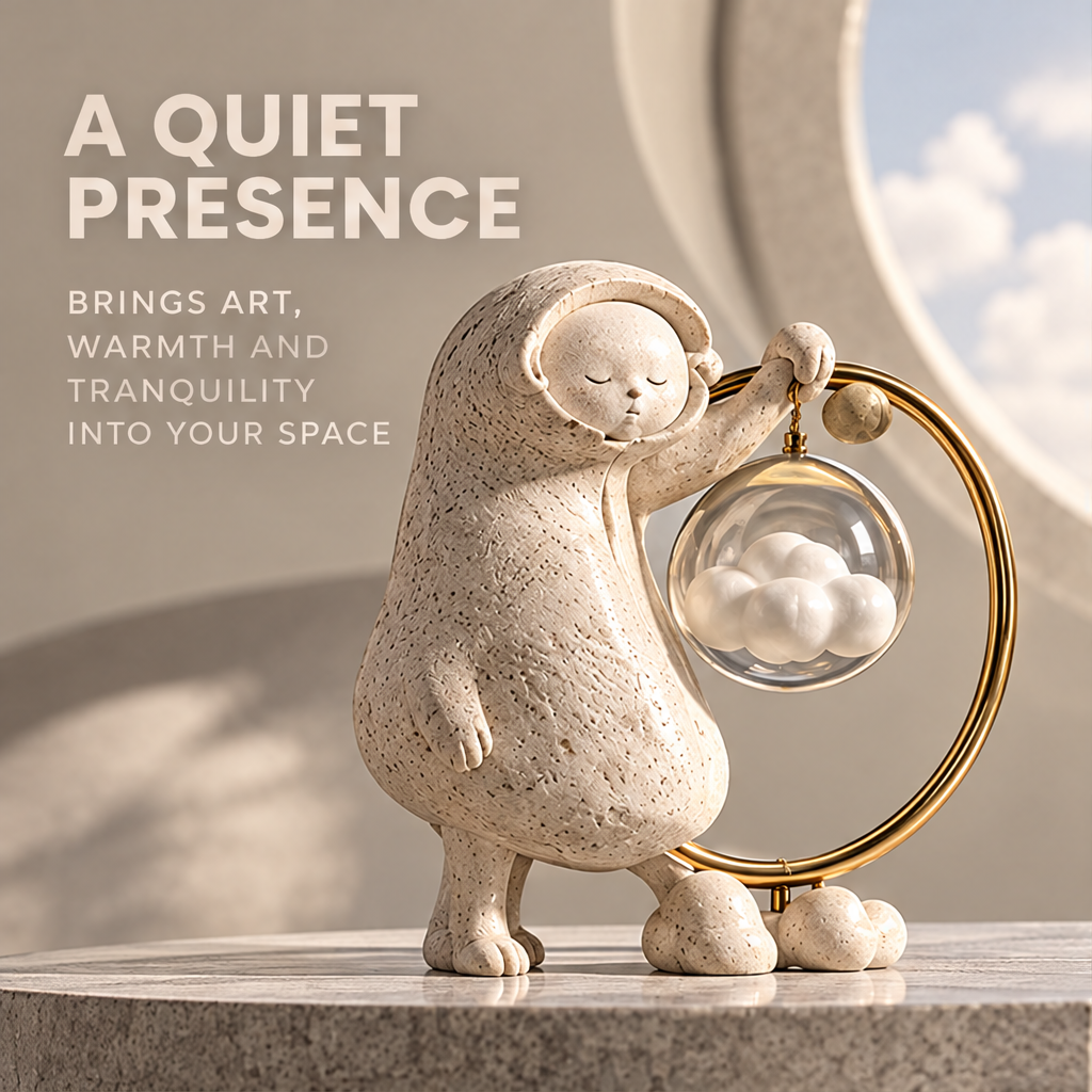 Standing cloud keeper figure with closed eyes and a gold-tone circular frame