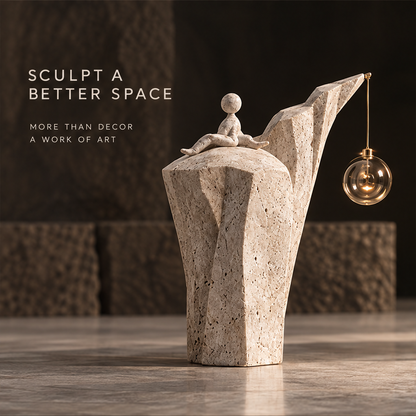 Faceted cream sculpture with a seated figure and gold-tone orb suspension
