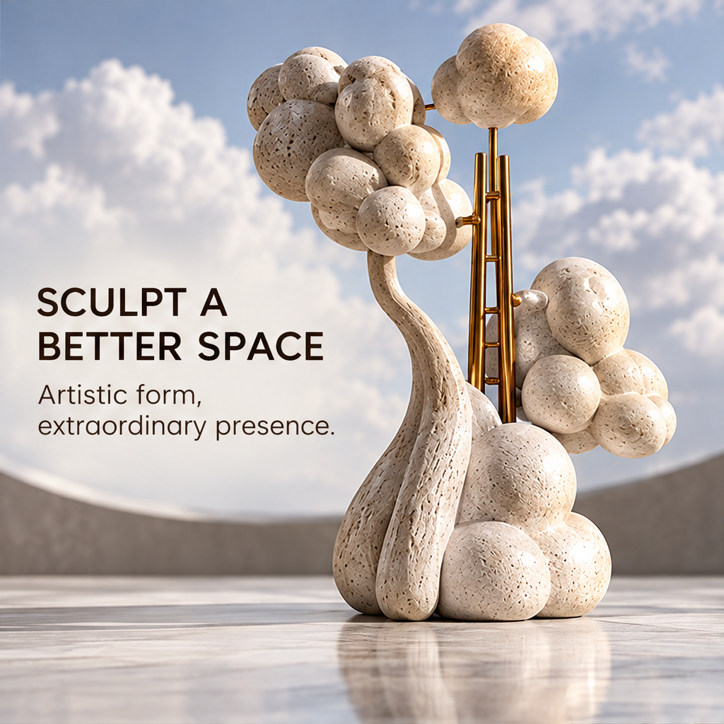 Abstract tree sculpture with rounded cream clusters and a sweeping curved trunk