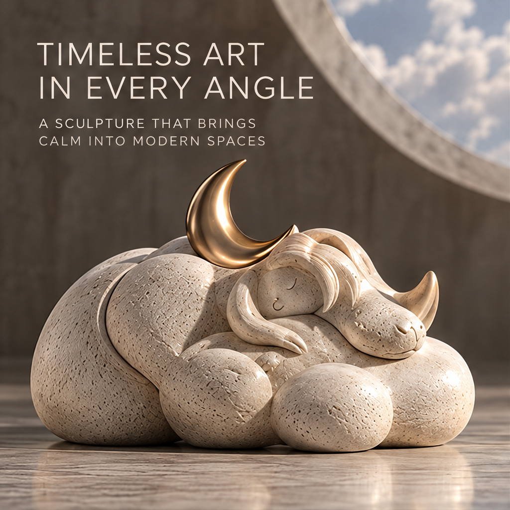 Angled view of the cloud sleepers sculpture and golden crescent