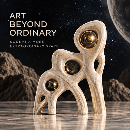 Ascending trio sculpture with three gold-speckled spheres in rounded cream frames