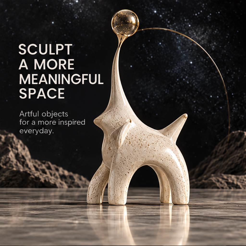 Long-necked abstract creature with curved legs and a gold-speckled orb