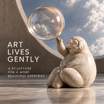 Seated dreamer sculpture with a raised clear orb and gold-tone detail