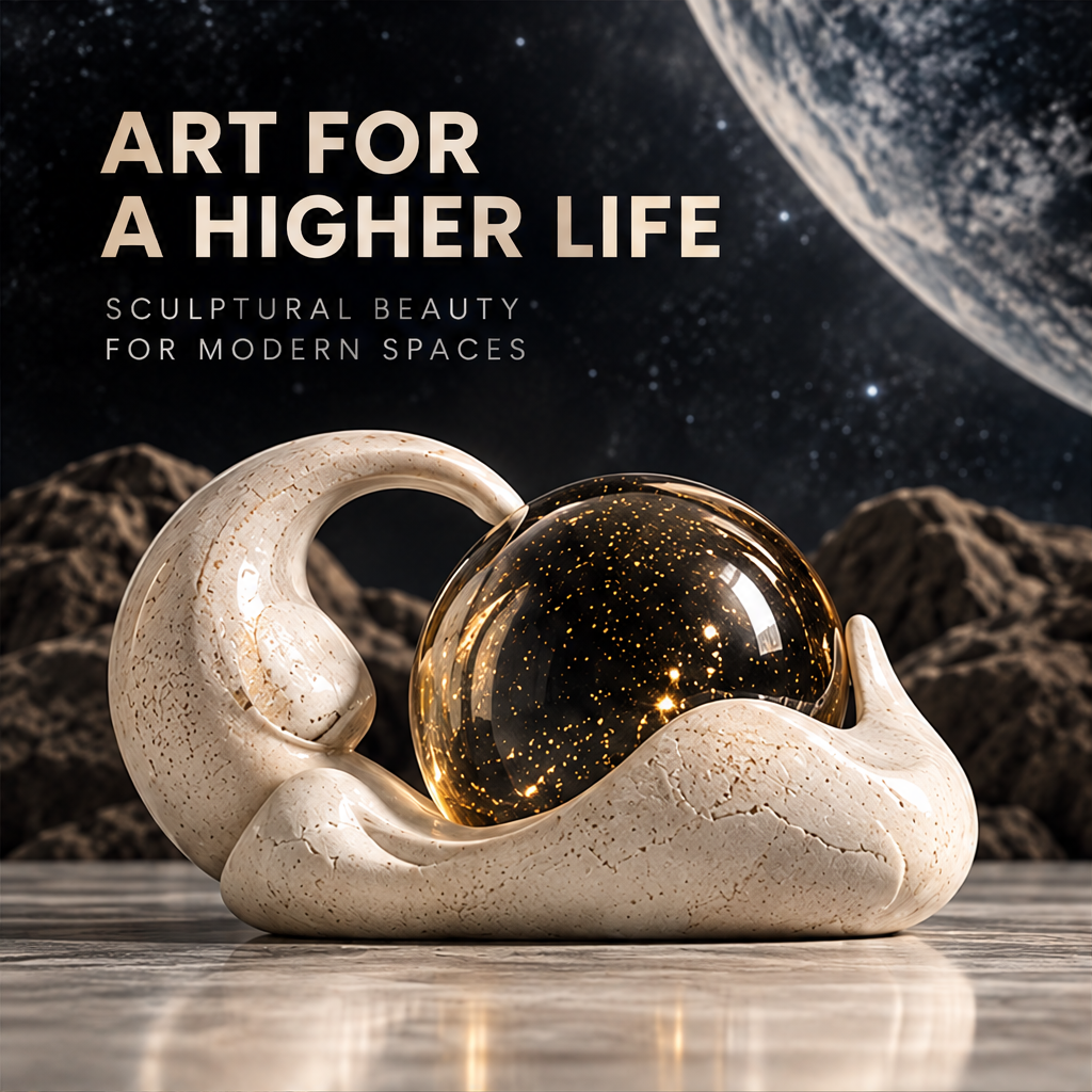 Reclining abstract figure with a crescent-like upper curve and dark golden-flecked globe