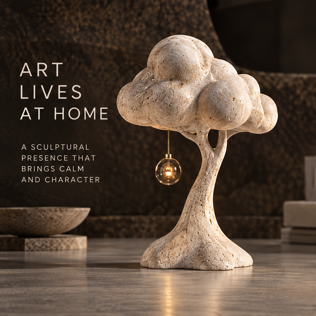 Cream tree sculpture with rounded cloud-like canopy and suspended sphere