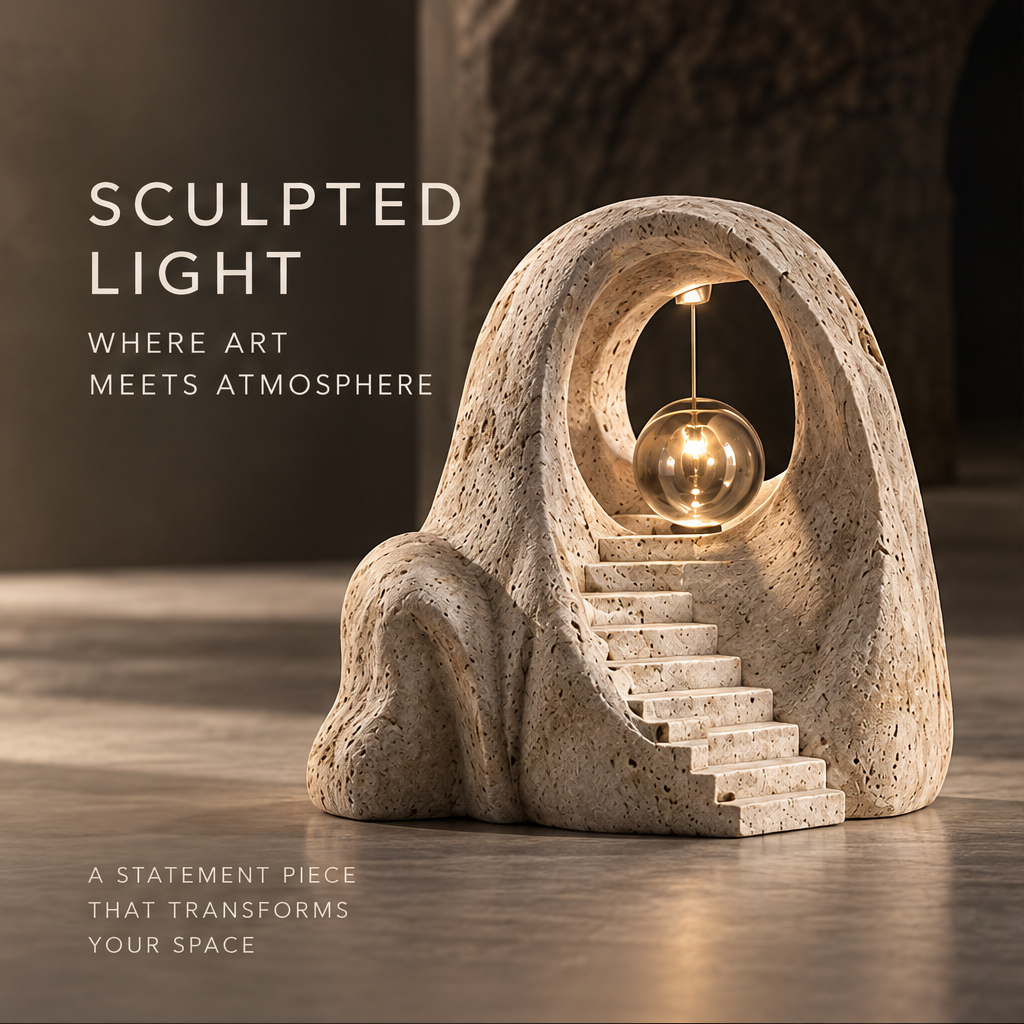 Front view of the arched stairway sculpture and suspended orb