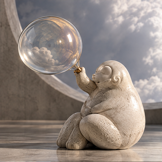 Textured cream seated figure holding a clear orb aloft, shown without text