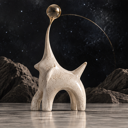Full view of a cream celestial creature sculpture with an elevated orb and sweeping gold-tone arc, without text