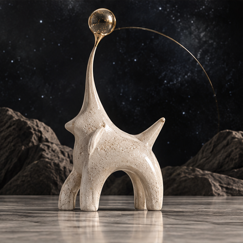 Full view of a cream celestial creature sculpture with an elevated orb and sweeping gold-tone arc, without text