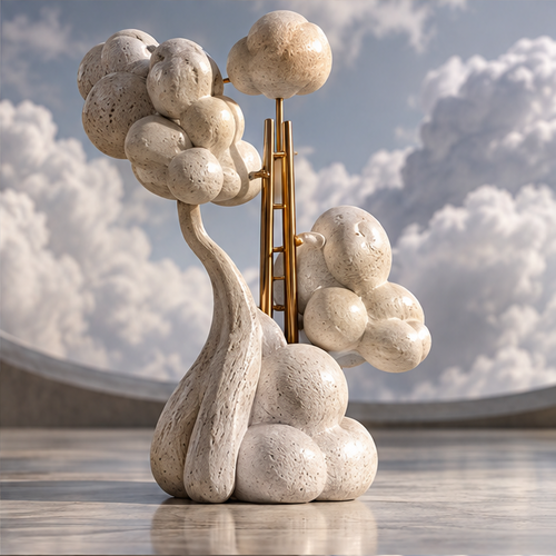 Full view of an abstract cream cloud tree sculpture with slender gold-tone framework
