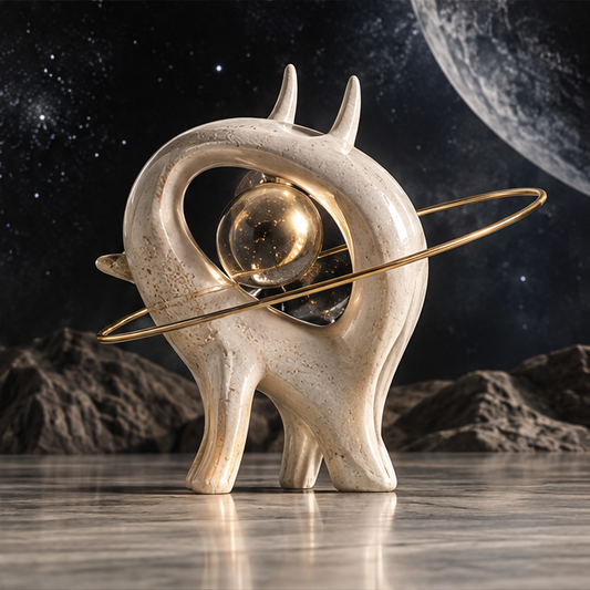Full view of a cream horned sculpture with a star-speckled orb and tilted gold-tone orbital ring, without text