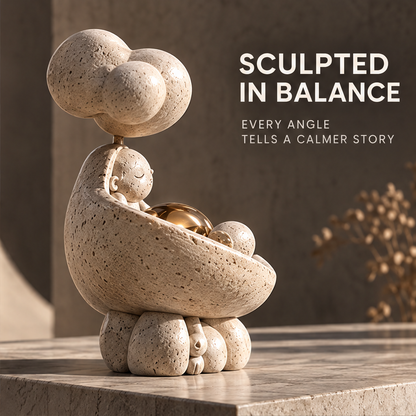 Close-up of the resting figure, textured cream surface, and gold-tone accents