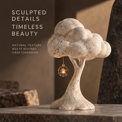 Angled view of the branching trunk, cloud canopy, and gold-tone orb suspension