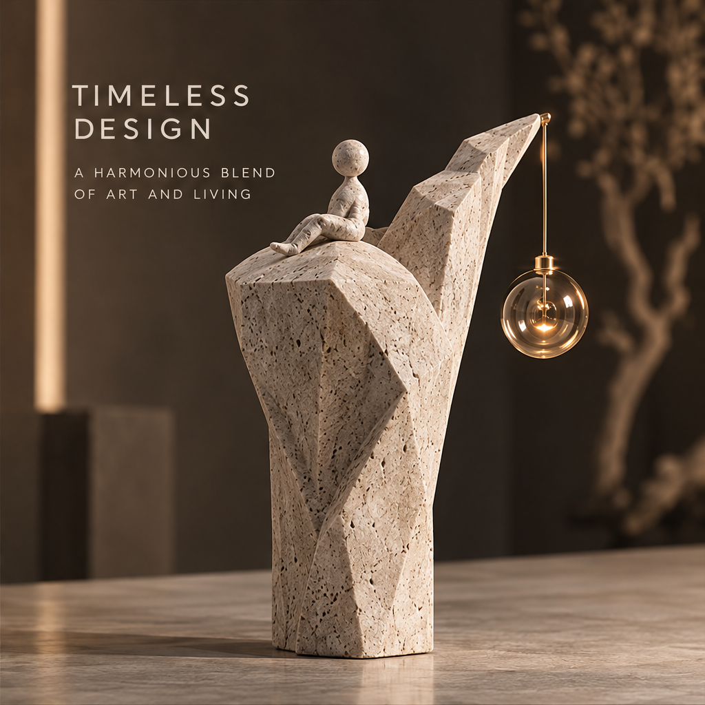 Clifftop figure sculpture styled beside decorative objects