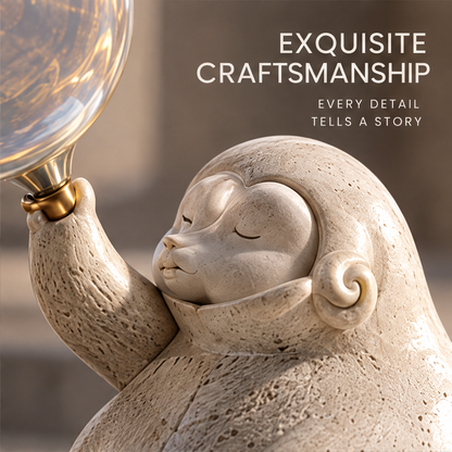 Angled view of the seated figure holding a reflective clear sphere