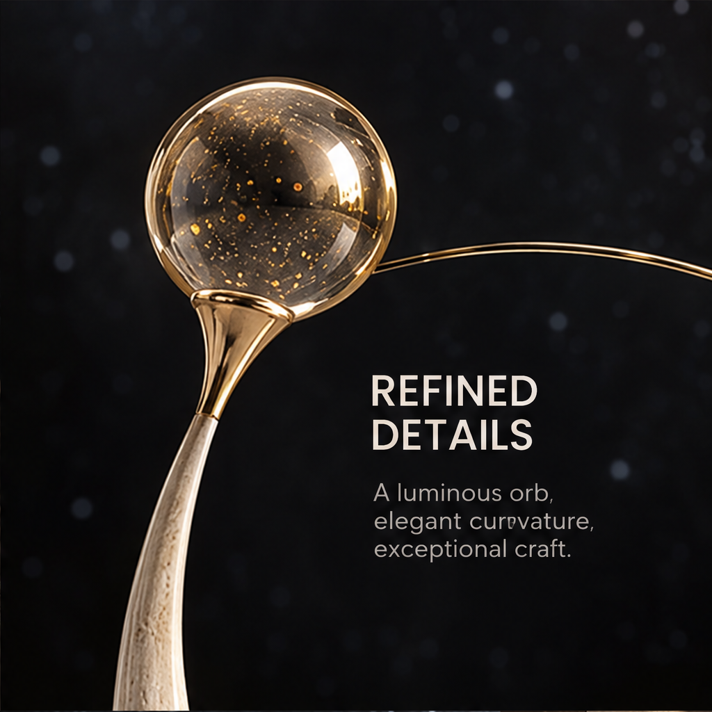 Close-up of the star-speckled sphere, gold-tone collar, and fine curved arc