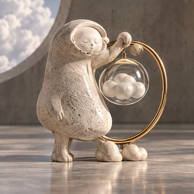 Hooded cream figure beside a gold-tone ring with a suspended clear cloud orb, full view without text