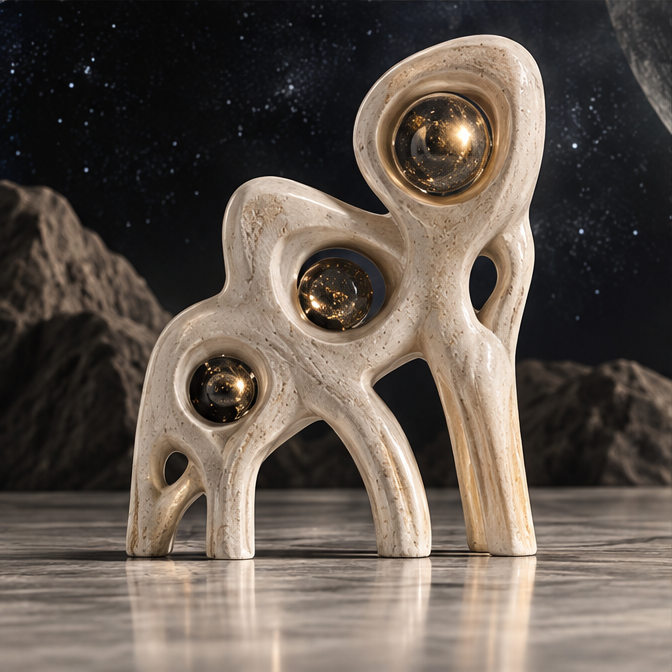 Full view of an ascending cream sculpture with three graduated starry orbs and flowing cutouts, without text