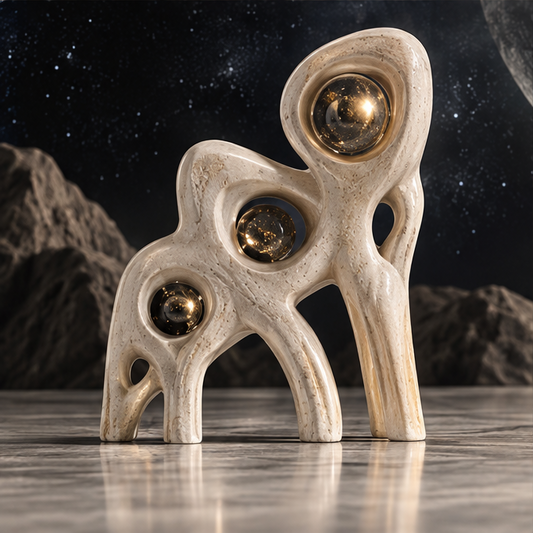Full view of an ascending cream sculpture with three graduated starry orbs and flowing cutouts, without text