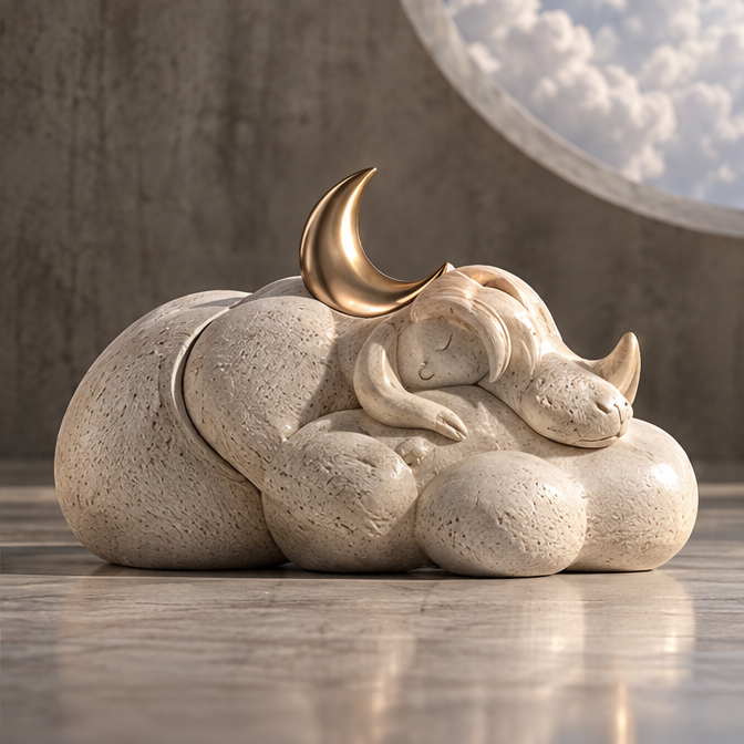 Sleeping figure and long-eared animal companion on a cream cloud-like base beneath a gold-tone crescent moon
