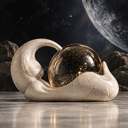 Full view of a reclining cream figure cradling a star-speckled globe, without text