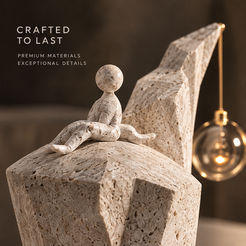 Close-up of the seated figure, textured cream planes, and hanging sphere
