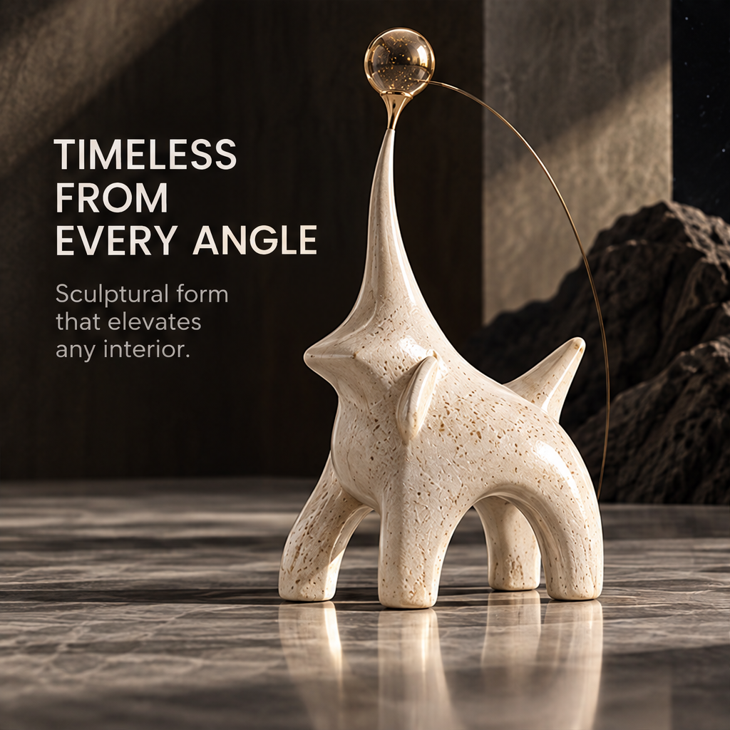 Angled view of the cream creature sculpture and elongated neck