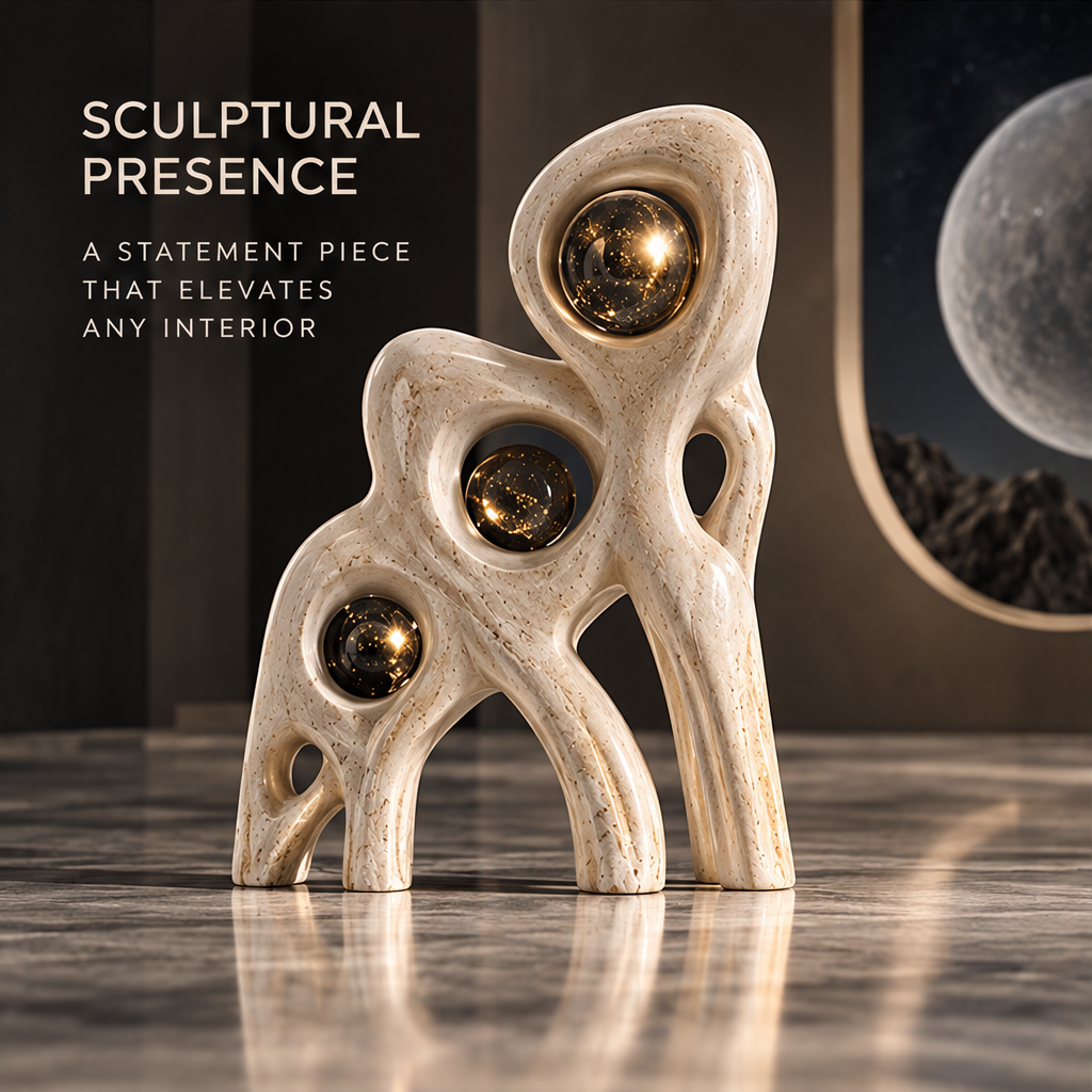 Close-up of a reflective starry orb and speckled cream framework