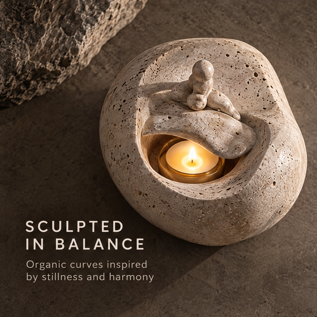 Angled view of the seated figure candle holder on a tabletop