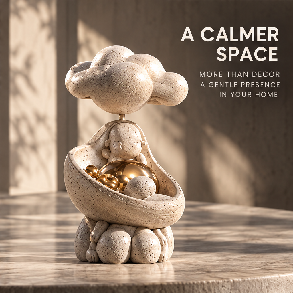 Cream cloud figure sculpture styled on a tabletop
