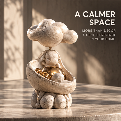Cream cloud figure sculpture styled on a tabletop