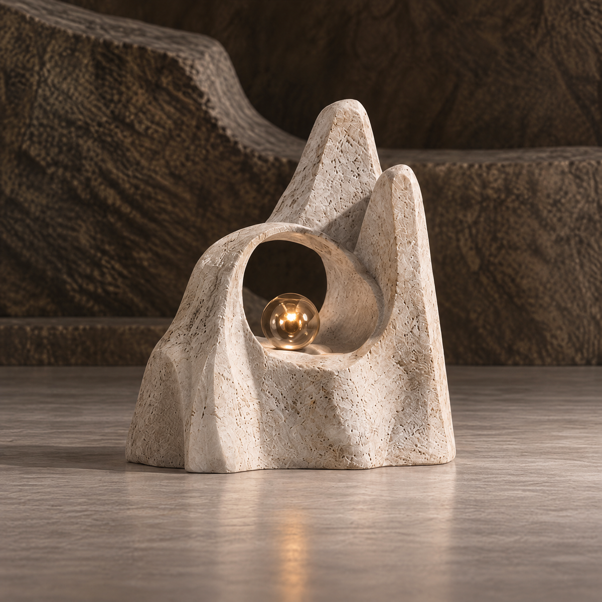 Full view of a cream twin peak sculpture with a circular opening and reflective orb, without text