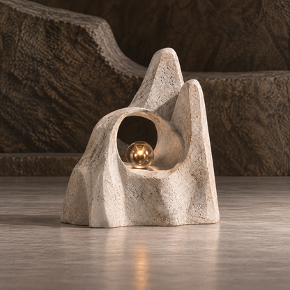 Full view of a cream twin peak sculpture with a circular opening and reflective orb, without text