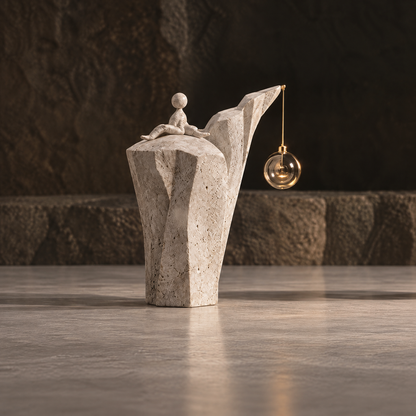 Full view of a seated figure on a faceted cream cliff-like sculpture with a hanging clear orb, without text