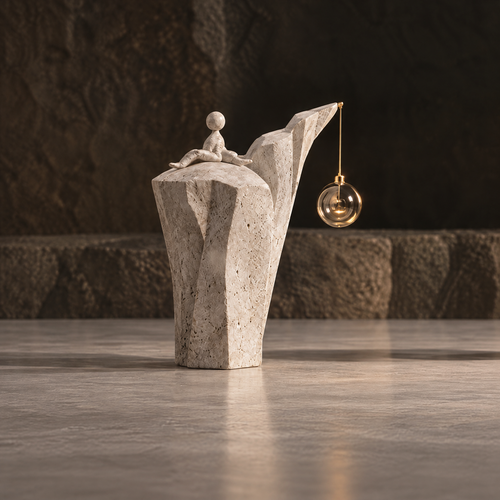 Full view of a seated figure on a faceted cream cliff-like sculpture with a hanging clear orb, without text