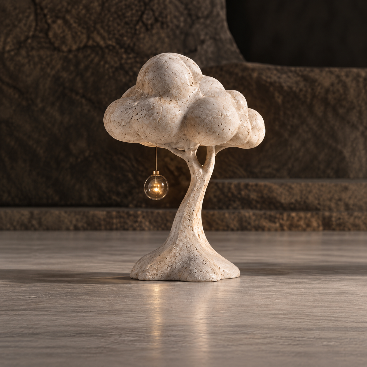 Full view of a textured cream cloud canopy tree sculpture with a hanging clear orb, without text
