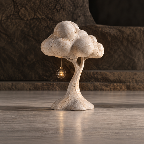 Full view of a textured cream cloud canopy tree sculpture with a hanging clear orb, without text