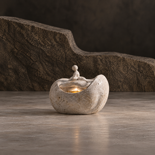 Cream wave-shaped tealight holder with a seated figure and gold-tone candle cup, full view without text