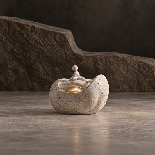 Cream wave-shaped tealight holder with a seated figure and gold-tone candle cup, full view without text